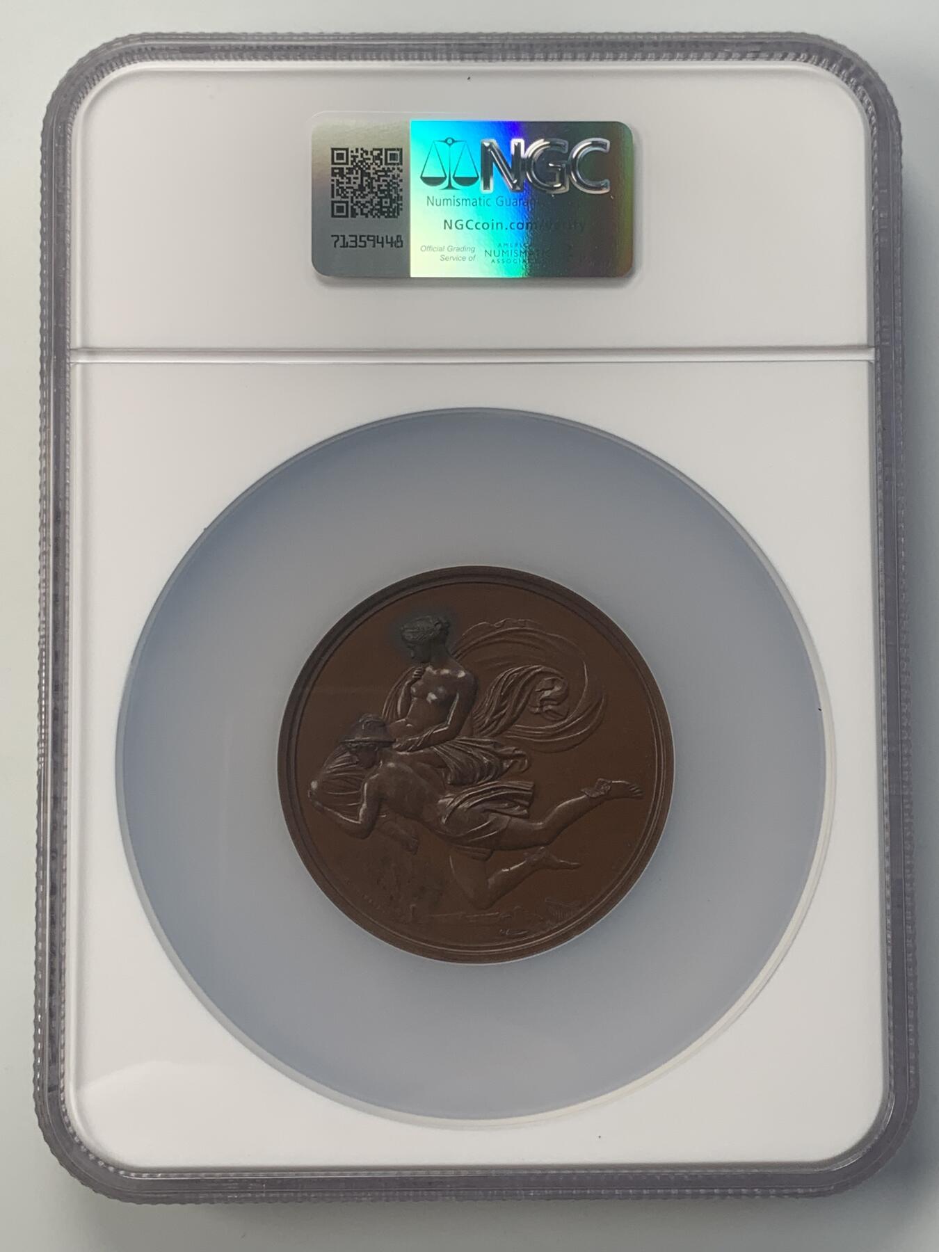 掌中浮雕-藏着的欧洲第046场 NGC MS62 : 1854年英国《伦敦艺术联盟》约翰. 弗拉克斯曼纪念铜章， 55mm ，评级盒子有破损（如图）