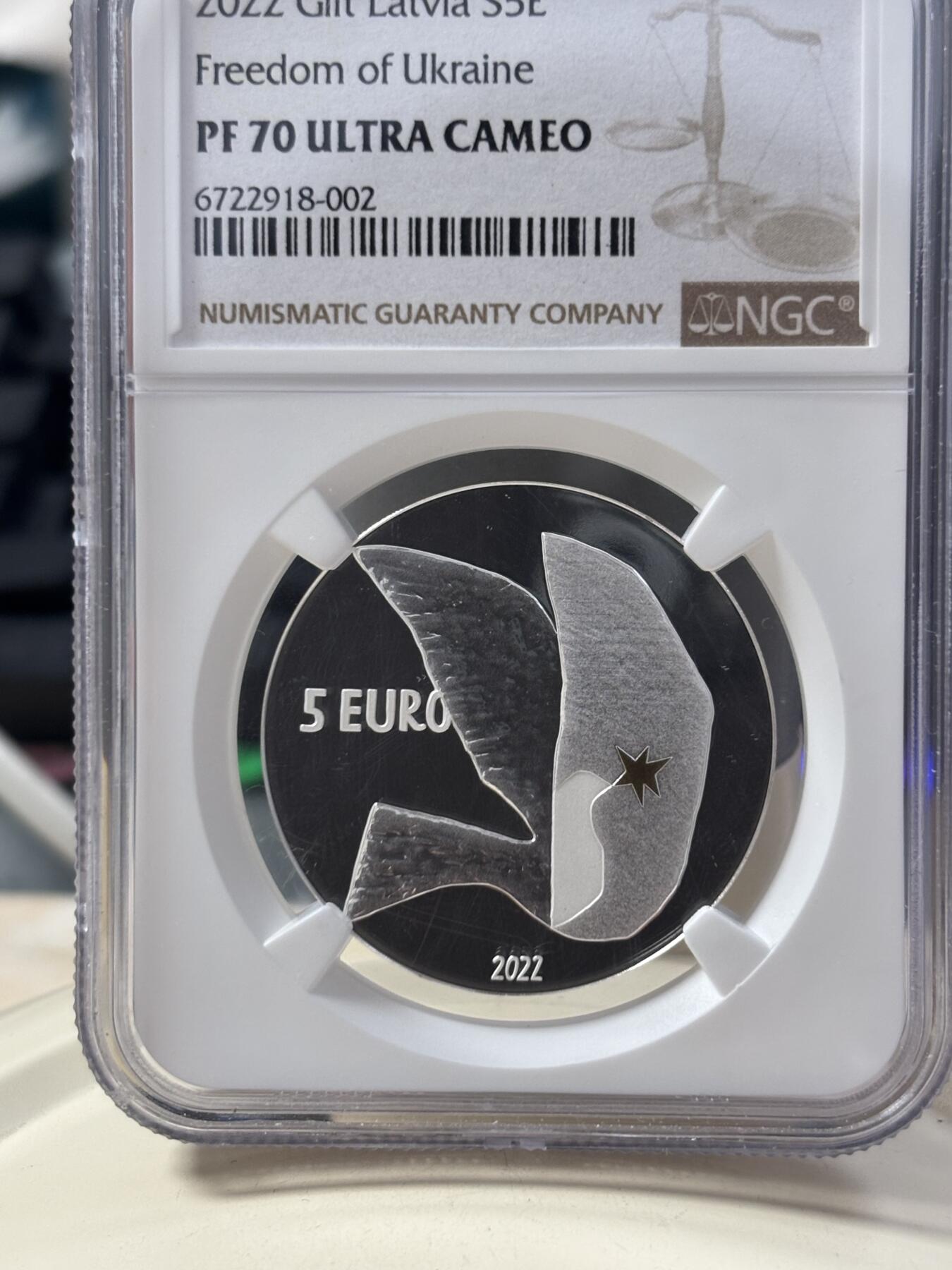 第186期拍卖 拉脱维亚2022年为了自由精制纪念银币NGC-PF70无盒无证书，999银，22克，发行8000枚