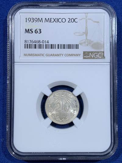 《竞宝斋》第448场 周日，周一，2场连拍 （全场包邮） - NGC MS63 墨西哥1939年鹰洋20分银币，经典鹰洋配套子币