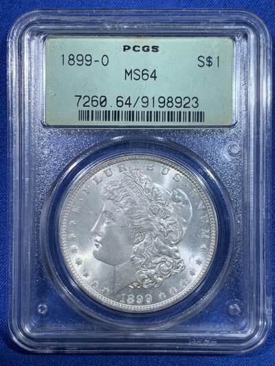 《竞宝斋》第448场 周日，周一，2场连拍 （全场包邮） - PCGS MS64 美国1899年摩根银币O版PCGS经典老绿盒，最早少见的老绿盒，原汁原味，银光闪闪，状态佳 支撑小磕