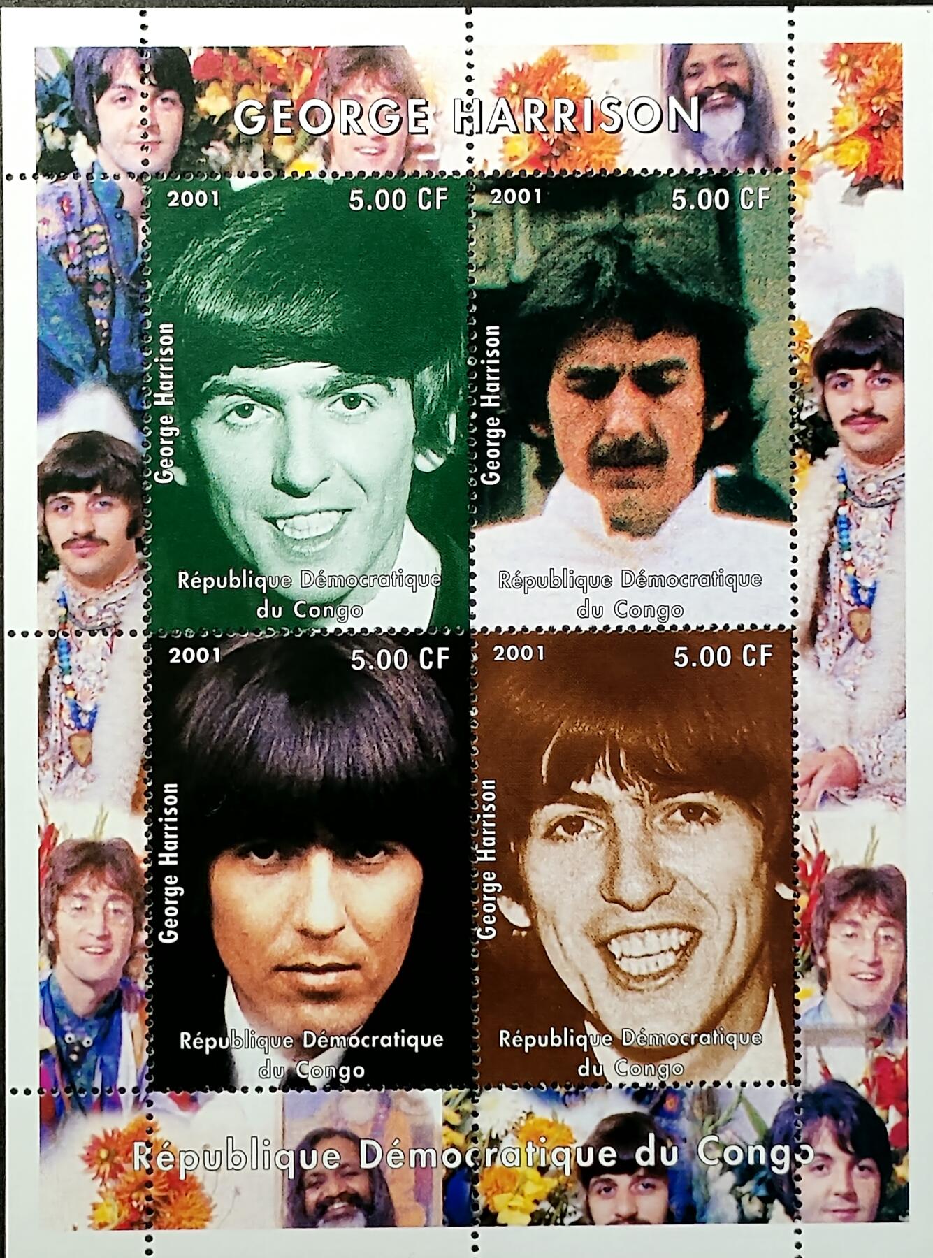 ↓君缘收藏682期☞钱币邮品↓无佣金、可寄存、满30元包邮  刚果邮票，2001年纪念英国摇滚乐队“披头士”成员乔治·哈里森邮票小版张