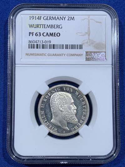 《竞宝斋》第448场 周日，周一，2场连拍 （全场包邮） - NGC PF63CAMEO 德国 1914年F版 精制2马克银币  极少遇见的品种