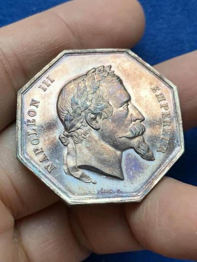 《竞宝斋》第448场 周日，周一，2场连拍 （全场包邮） - 法国八角银质代币 凤凰火灾保险公司 拿破仑三世头像 23.7克 35.9mm 蜜蜂银标 红铜包浆