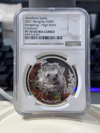 第186期拍卖 - 蒙古2021年森林精灵系列4豪猪1盎司银币NGC-PF70无盒无证书，999银，发行1500枚，