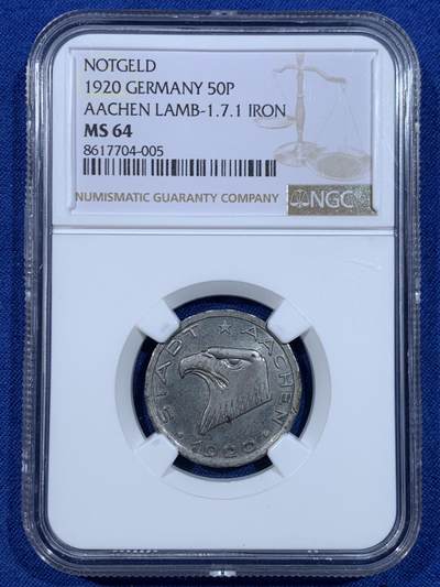 《竞宝斋》第448场 周日，周一，2场连拍 （全场包邮） - NGC MS64 德国亚琛 1920年 50芬尼 鹰头铁币 铁币保存不易，64分难得！