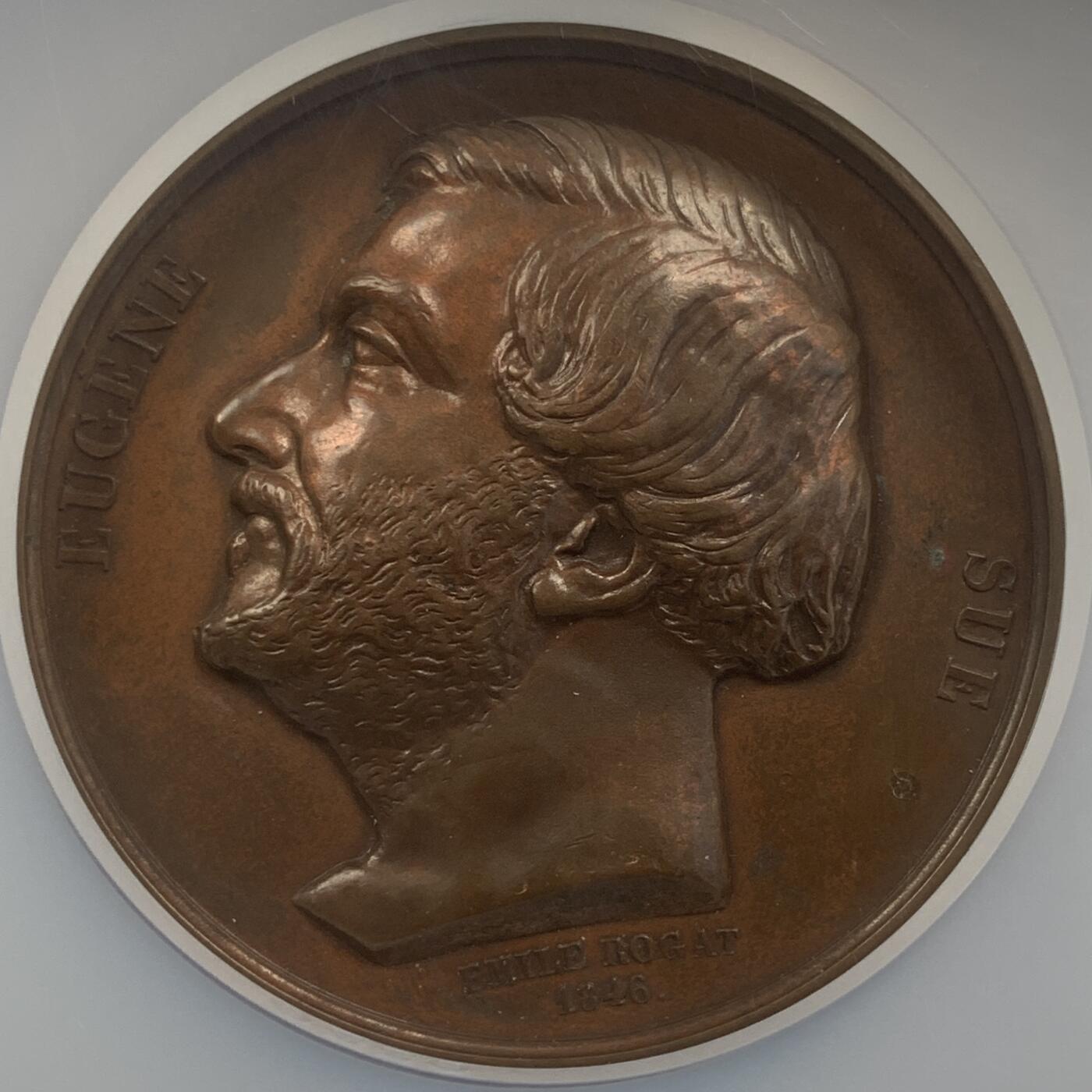 掌中浮雕-藏着的欧洲第046场 NGC MS62 : 1846年法国作家欧仁-苏纪念大铜章 , 51mm