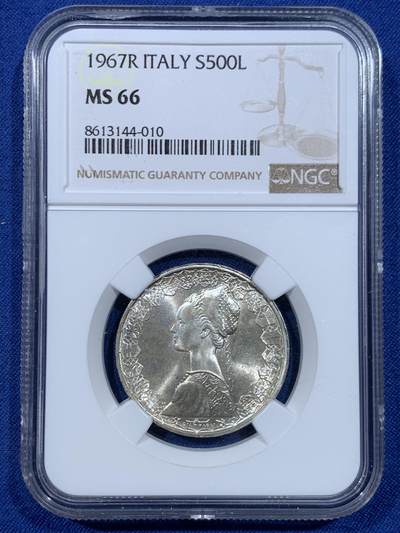 《竞宝斋》第448场 周日，周一，2场连拍 （全场包邮） - NGC MS66 意大利1967年500里拉帆船少女银币 细节很美