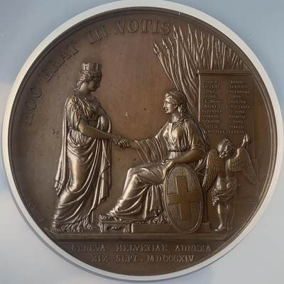 掌中浮雕-藏着的欧洲第046场 - NGC MS63 : 1824年日内瓦加入瑞士邦联10周年纪念铜章，57mm