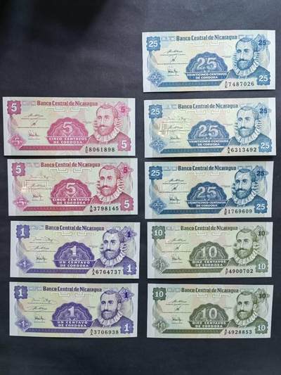 外国纸币专场251220第六十七场 - 尼加拉瓜二套9张，全新品相UNC。