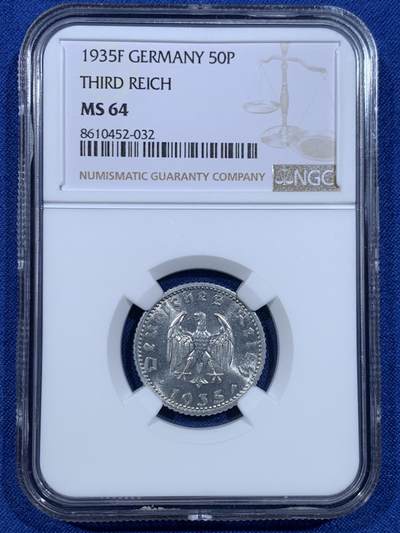 《竞宝斋》第448场 周日，周一，2场连拍 （全场包邮） - NGC MS64 德国1935年50芬尼，BU卷拆品质，状态非常好