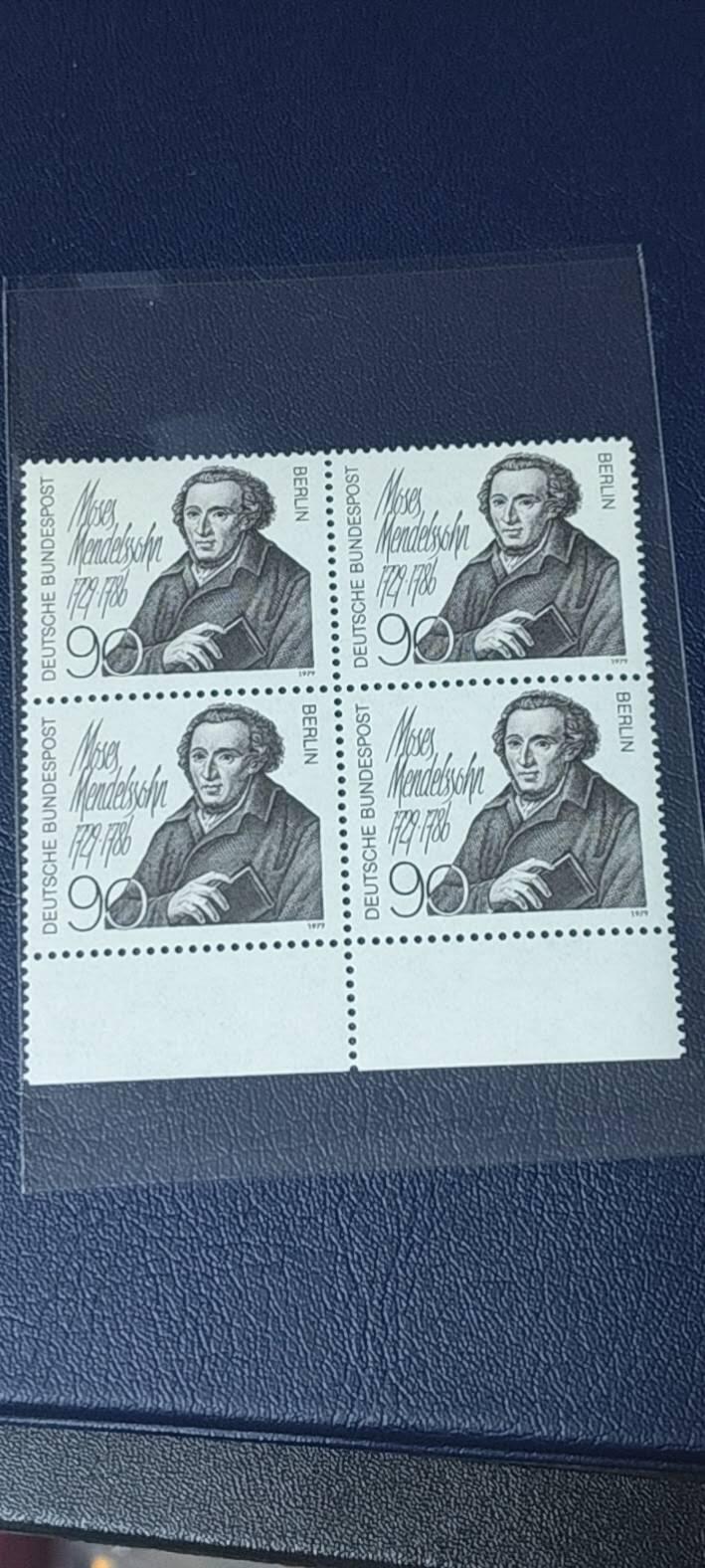 德国邮票专场，都是人物题材 德国  四方联，1979年发行：哲学家门德尔松，品相如图
