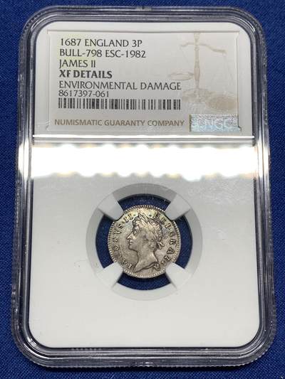 《竞宝斋》第448场 周日，周一，2场连拍 （全场包邮） - NGC XFD 英格兰1687年詹姆斯二世3便士银币 稀见