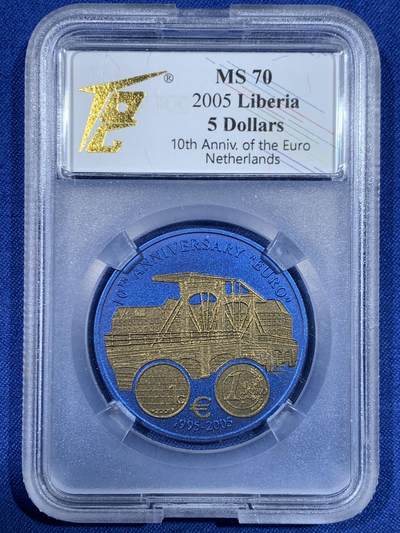 《竞宝斋》第448场 周日，周一，2场连拍 （全场包邮） - TQG MS70 利比里亚2005年欧元10周年纪念-荷兰5元蓝铌币 7.78克 发行量：1万