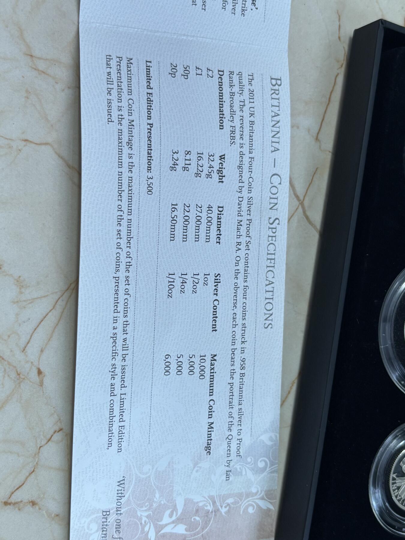 第186期拍卖 英国2011年不列颠女神系列精制纪念银币4枚全套，958银，32.45克/16.22克/8.11克/3.24克，有氧化