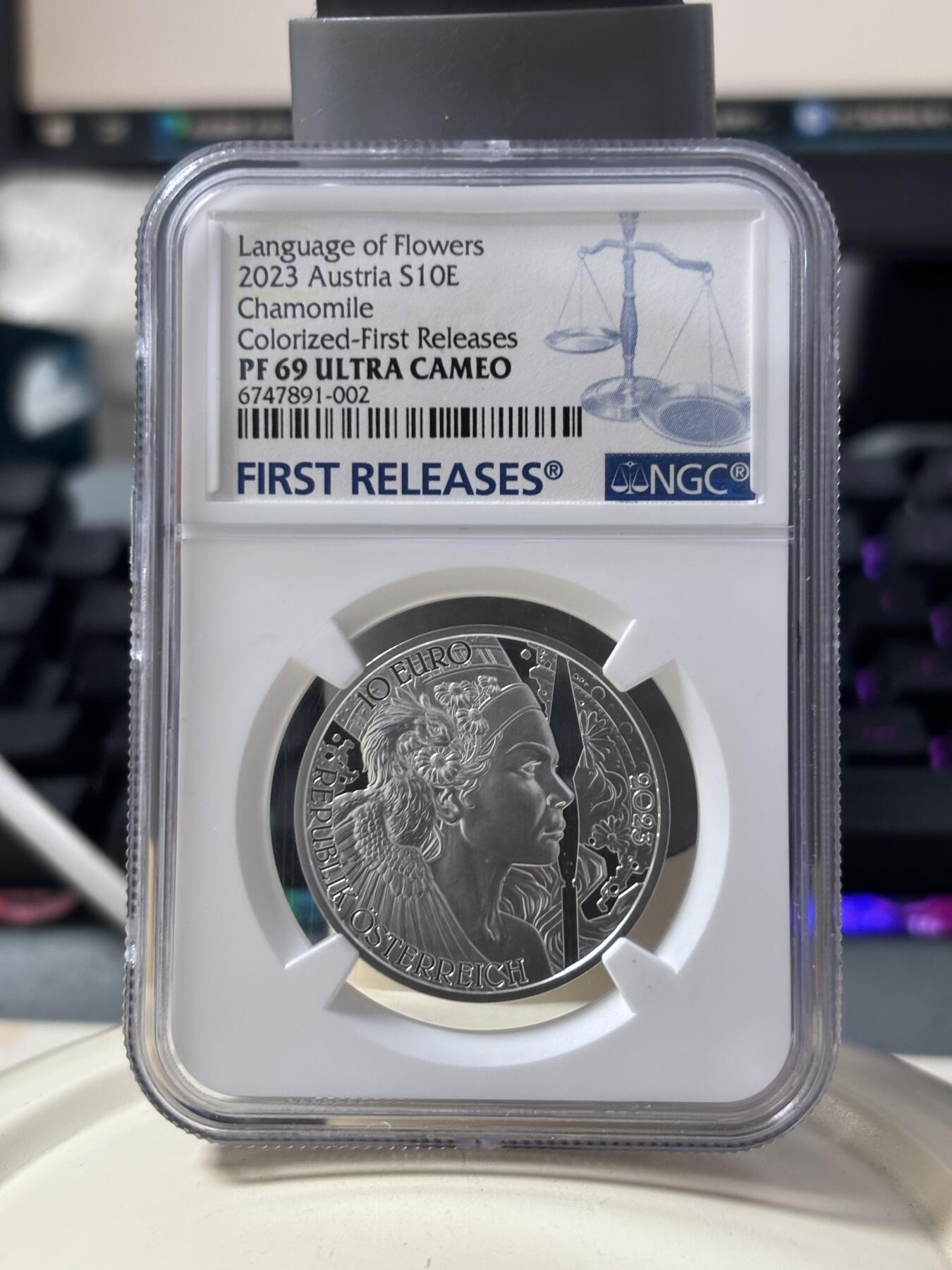 第186期拍卖 奥地利2023年花语系列洋甘菊1/2盎司纪念银币NGC-PF69首无原盒证书，925银，发行30000枚