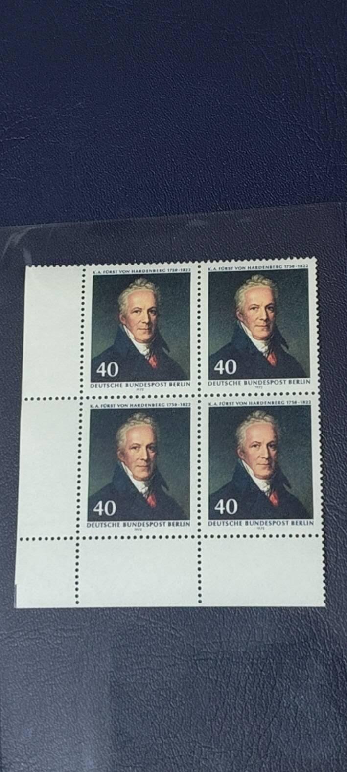 德国邮票专场，都是人物题材 德国  四方联，1972年发行：政治家哈登贝格，品相如图