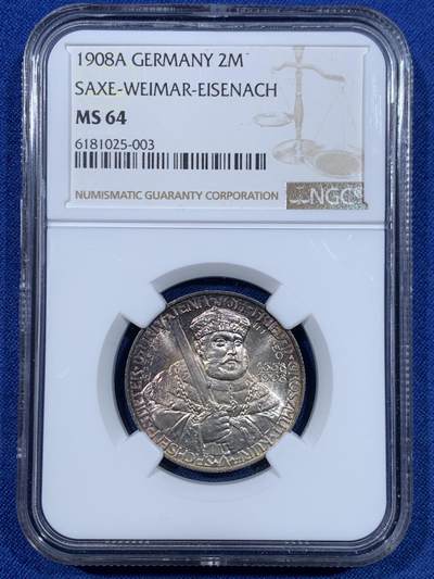 《竞宝斋》第448场 周日，周一，2场连拍 （全场包邮） - NGC MS64 德国 1908年 耶拿大学 2马克 银币 带彩转光 一流的状态