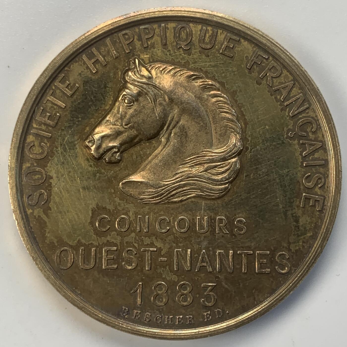 掌中浮雕-藏着的欧洲第046场 1883年法国南特马术比赛镀金银章，42mm，36.8g