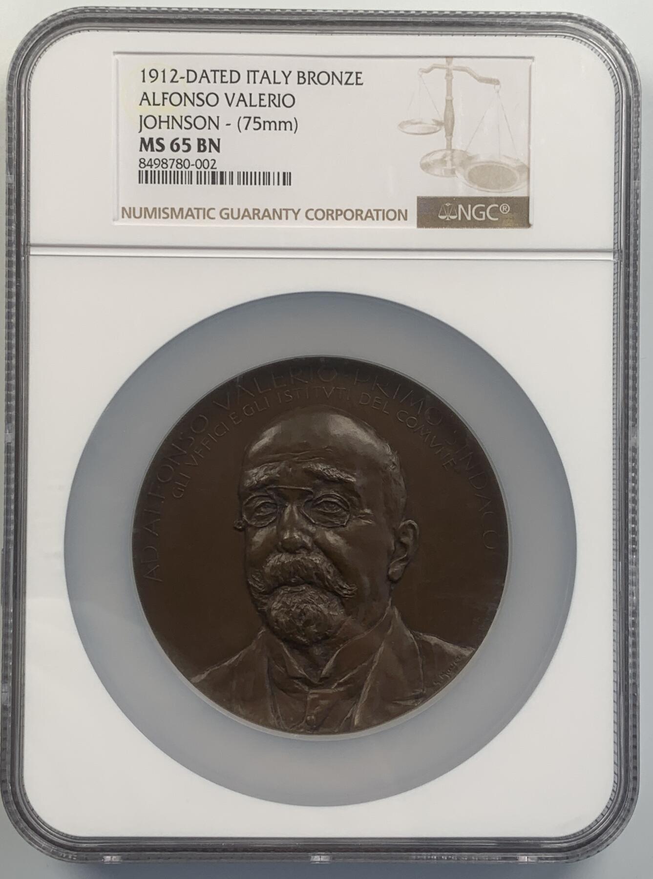 掌中浮雕-藏着的欧洲第046场 NGC MS65 :  1919年意大利阿方索·瓦莱里奥市长纪念大铜章，意大利米兰Johnson造币厂铸造，75mm