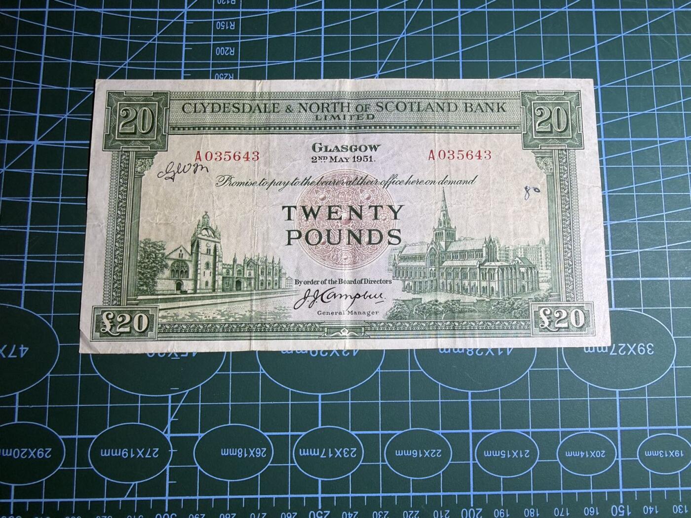 【炜奕收藏】，第五十三期 1951年苏格兰克莱斯戴尔和北方联合银行20镑，品相如图，首发年A冠稀少