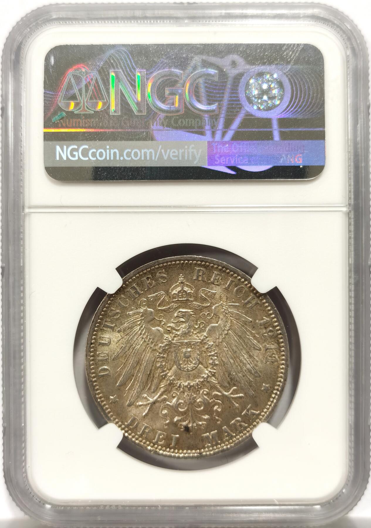 博洋堂世界钱币拍卖第153期（全场包邮） NGC MS63 德国巴伐利亚1911年利奥波德大寿3马克银币，卷拆原光好品，状态很好