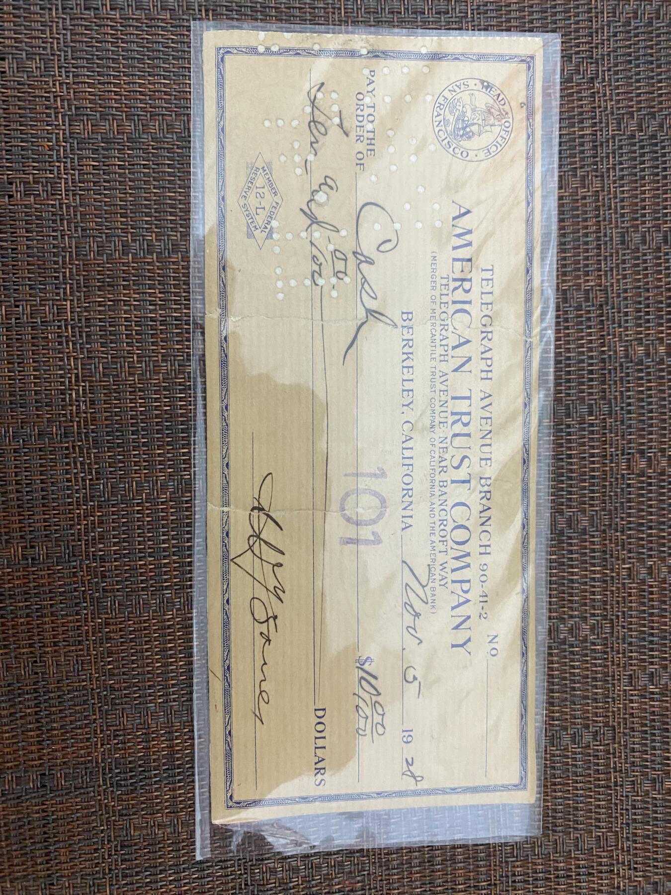 江南站杂件场 美国信托1928年支票一张