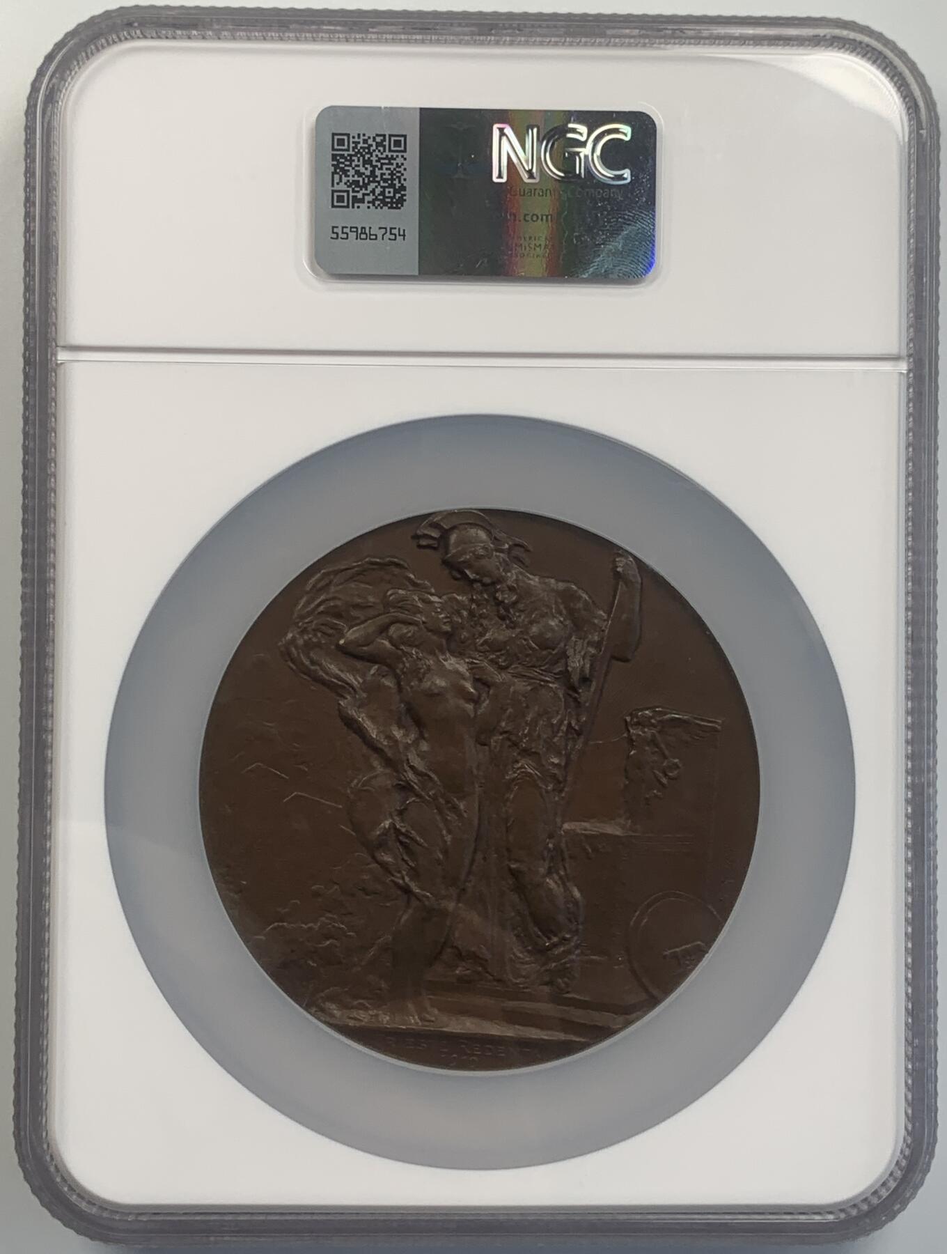 掌中浮雕-藏着的欧洲第046场 NGC MS65 :  1919年意大利阿方索·瓦莱里奥市长纪念大铜章，意大利米兰Johnson造币厂铸造，75mm