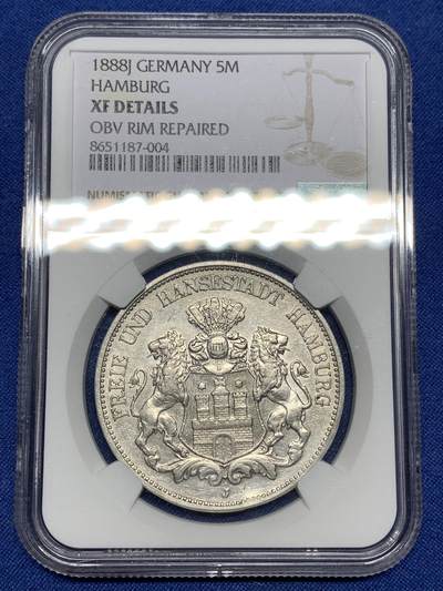 《竞宝斋》第448场 周日，周一，2场连拍 （全场包邮） - NGC XFD 德国 1888年 汉堡短翅5马克 汉堡短翅本就稀少 这个年份更是难于 喜欢汉堡双狮可以入