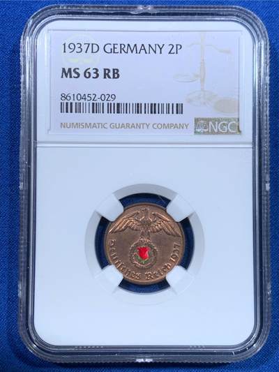 《竞宝斋》第448场 周日，周一，2场连拍 （全场包邮） - NGC MS63RB 德国1937D二芬尼铜币 状态不错