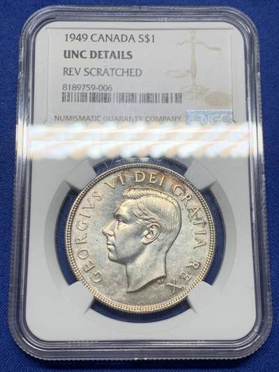 《竞宝斋》第448场 周日，周一，2场连拍 （全场包邮） - NGC UNCD 加拿大1949年乔六帆船1元银币