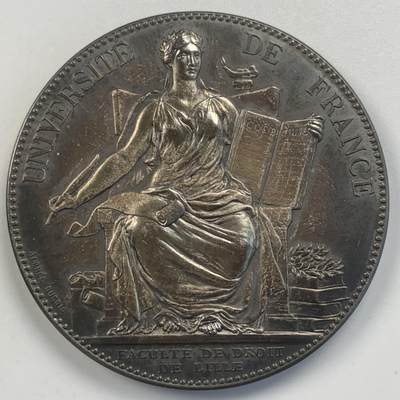 掌中浮雕-藏着的欧洲第046场 - 1894年法国里尔法学院颁发的银质奖章，45.5mm，50.3g，大师DUBOIS作品，品相包浆好