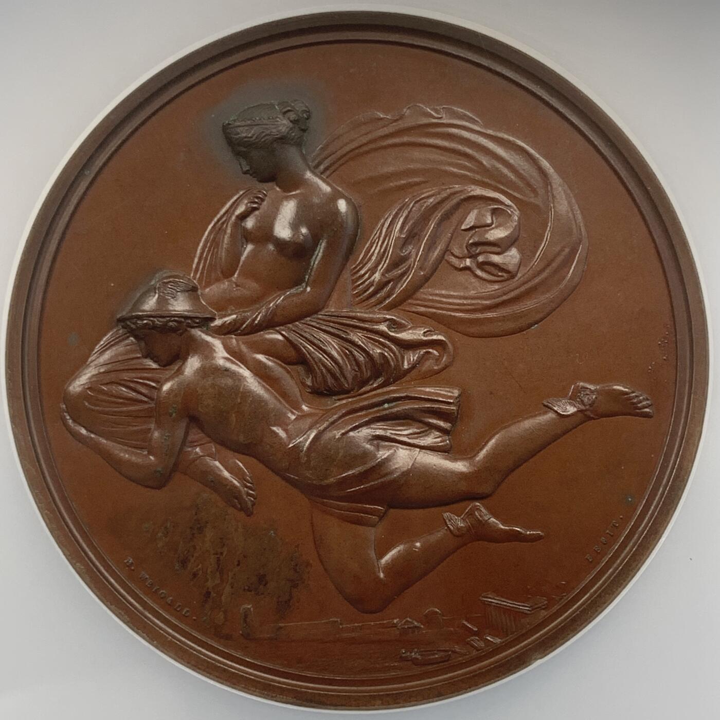 掌中浮雕-藏着的欧洲第046场 NGC MS62 : 1854年英国《伦敦艺术联盟》约翰. 弗拉克斯曼纪念铜章， 55mm ，评级盒子有破损（如图）