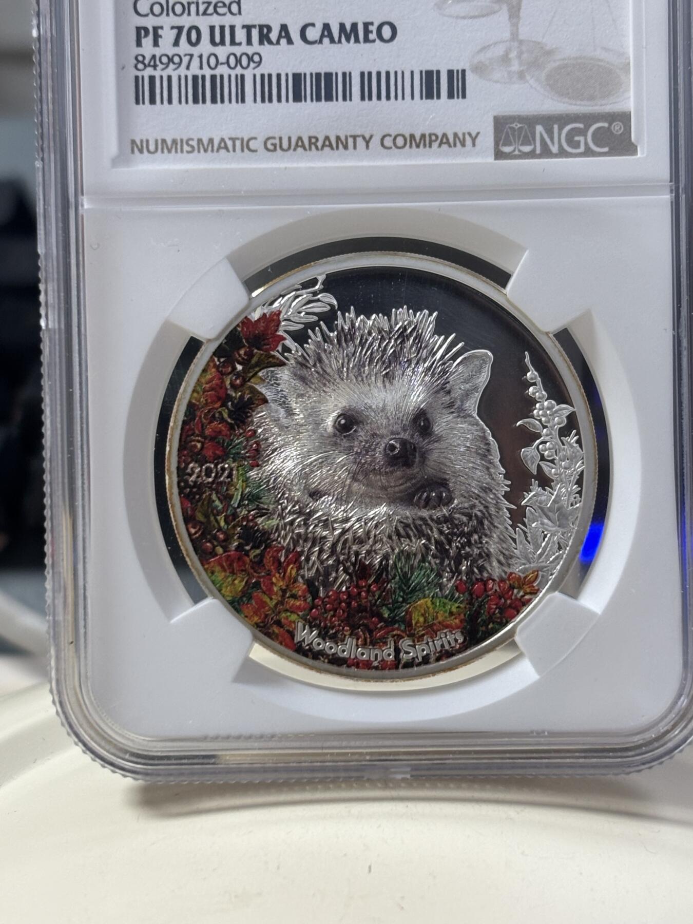 第186期拍卖 蒙古2021年森林精灵系列4豪猪1盎司银币NGC-PF70无盒无证书，999银，发行1500枚，