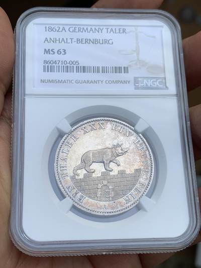 《竞宝斋》第448场 周日，周一，2场连拍 （全场包邮） - NGC MS63 德国 1862年 安哈特 小熊爬墙 联合矿业泰勒 PL底板状态明显 同分中的战斗机