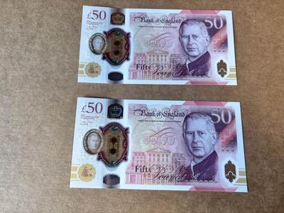 【Blue Auction】世界纸币精拍第763期——18级TOP拍卖/信誉/品质/专业/高效💫 - 【一组2张无47连号】英国 2025年50镑 全新UNC