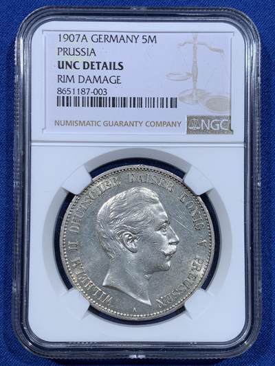 《竞宝斋》第448场 周日，周一，2场连拍 （全场包邮） - NGC UNC 德国1907年普鲁士威廉二世5马克银币