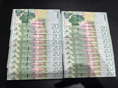 《外钞收藏家》第五百九十四期（畅拍场）（本平台长期征集拍品、欢迎藏友们联系合作） - 圣多美和普林西比20元 20张一起 全新UNC 部分连号