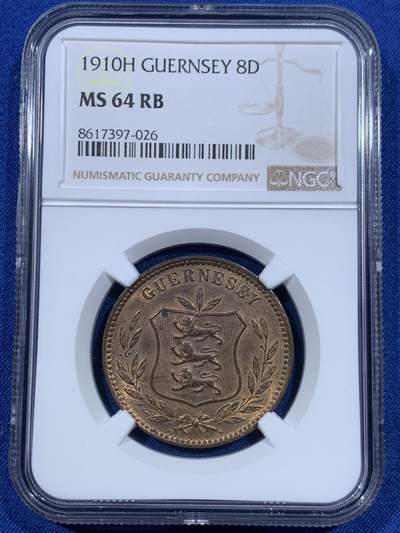 《竞宝斋》第448场 周日，周一，2场连拍 （全场包邮） - NGC MS64RB 根西岛1910年H版8道布大铜币，高分铜币