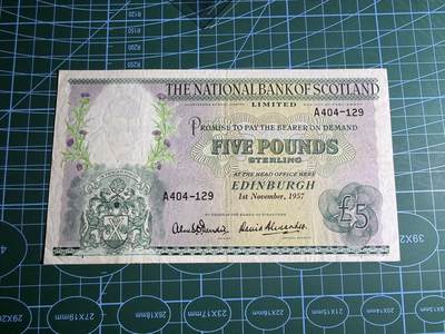 【炜奕收藏】，第五十三期 - 1957年苏格兰国民银行5镑，品相如图