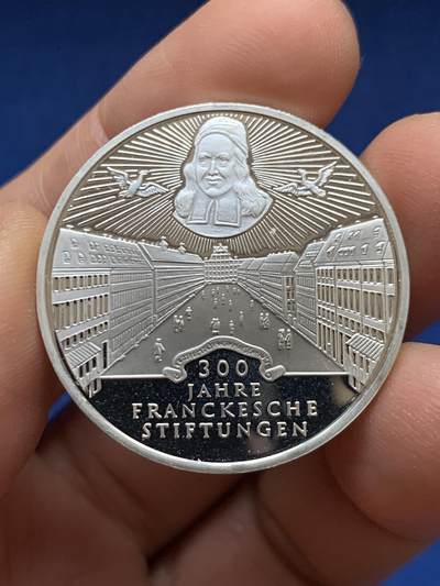 《竞宝斋》第448场 周日，周一，2场连拍 （全场包邮） - 德国1998年“弗兰克慈善基金会”成立300周年10马克精制银币（15.5g 925银）