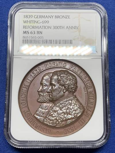 《竞宝斋》第448场 周日，周一，2场连拍 （全场包邮） - NGC MS63BN 德国1839年普鲁士新教改革三百年纪念铜章 加厚盒