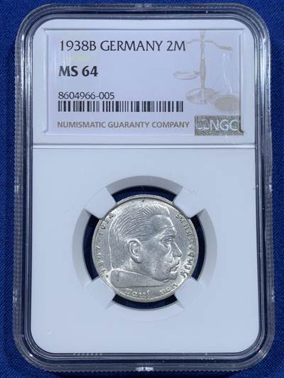 《竞宝斋》第448场 周日，周一，2场连拍 （全场包邮） - NGC MS64 德国 1938年 兴登堡 2马克 银币