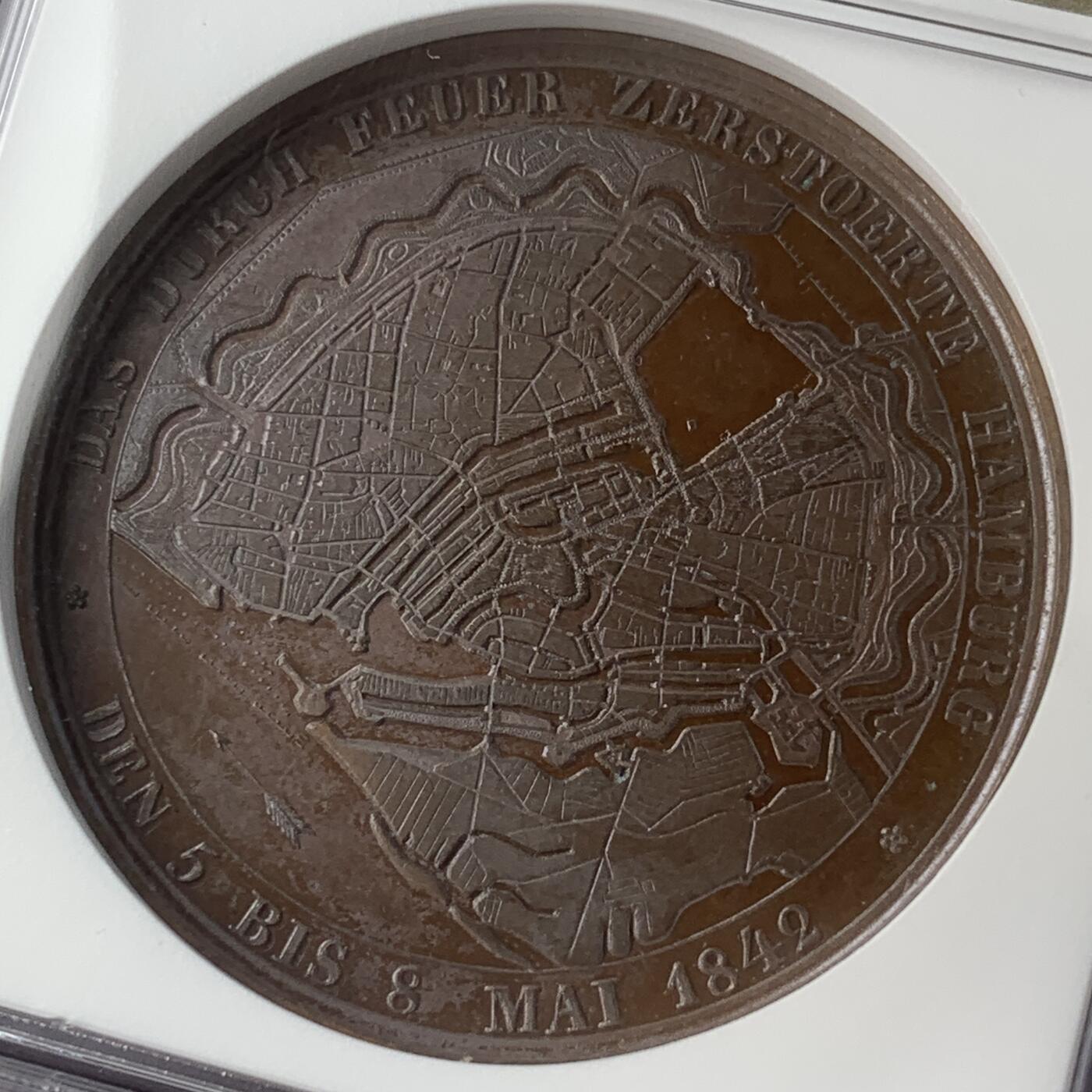 掌中浮雕-藏着的欧洲第046场 NGC MS61 : 1842德国被烧毁的汉堡市重建纪念铜章，44mm