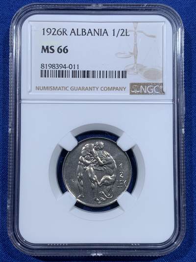 《竞宝斋》第448场 周日，周一，2场连拍 （全场包邮） - NGC MS66 阿尔巴尼亚 1926年 1/2 列克