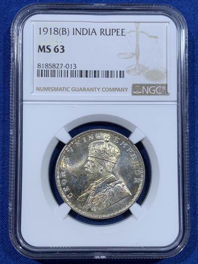 《竞宝斋》第448场 周日，周一，2场连拍 （全场包邮） - NGC MS63 英属印度1918年B版乔治五世1卢比银币，状态佳。