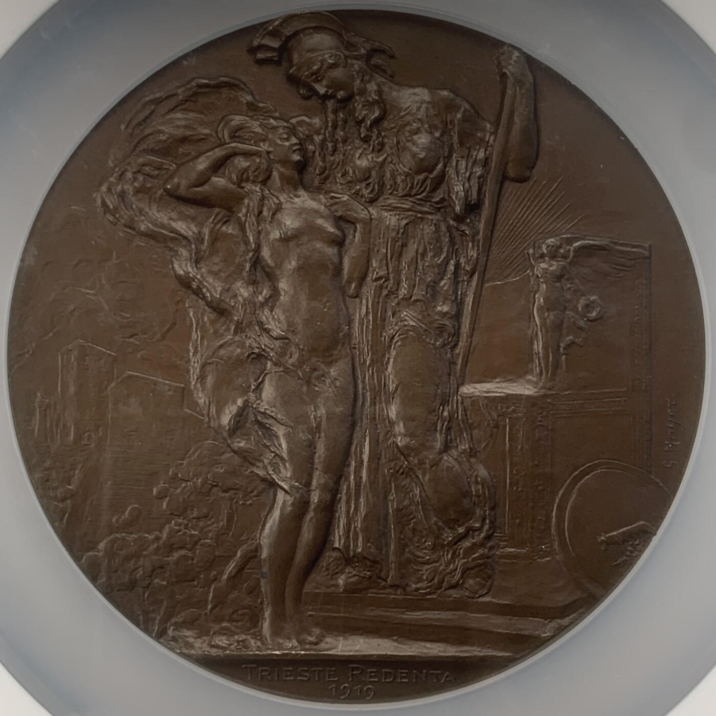 掌中浮雕-藏着的欧洲第046场 NGC MS65 :  1919年意大利阿方索·瓦莱里奥市长纪念大铜章，意大利米兰Johnson造币厂铸造，75mm