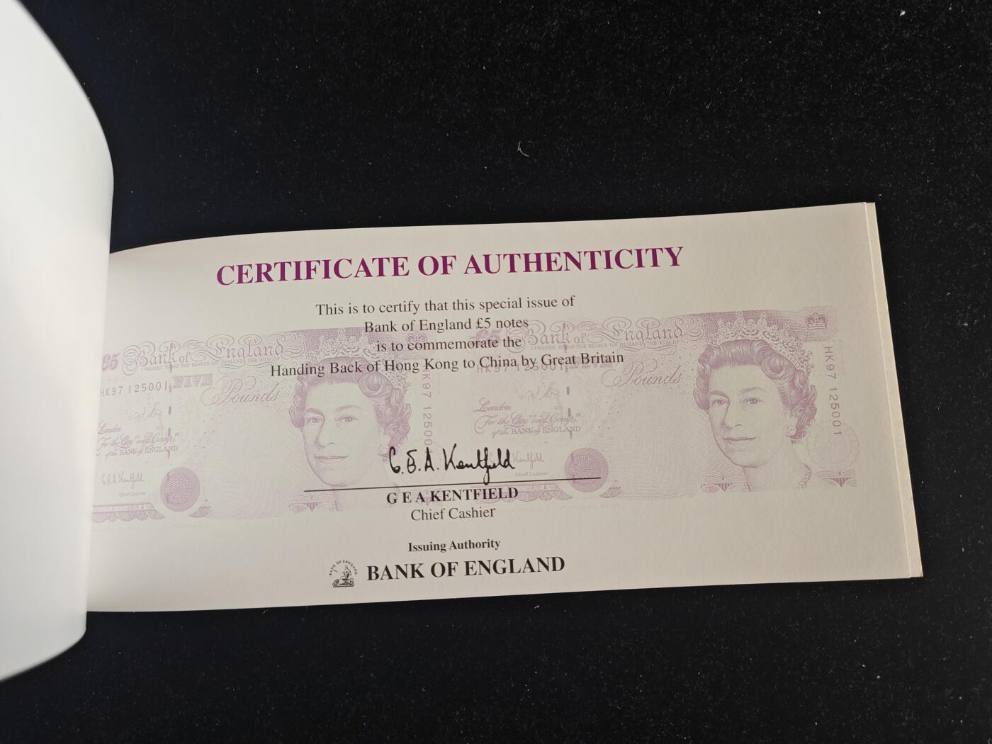 英国 无4 E序 原装册 HK97冠 香港 回归 1997年 5英镑 纪念钞 全新UNC