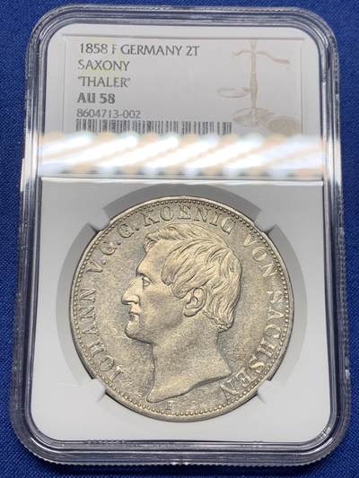 《竞宝斋》第448场 周日，周一，2场连拍 （全场包邮） - NGC AU58 德国 1858 萨克森 约翰一世 2泰勒 37克的大银币 带光不错
