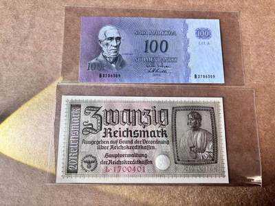 【Blue Auction】世界纸币精拍第763期——18级TOP拍卖/信誉/品质/专业/高效💫 - 【一组2张】德国1940年20马克 丢勒画作《建筑师》 勃兰登堡门&芬兰1963年100马克 UNC-