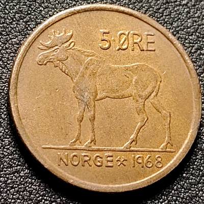 泉币菌-第147场-精品福利场 - 麋鹿 1968挪威5欧尔青铜硬币 27毫米 8克 奥拉夫五世